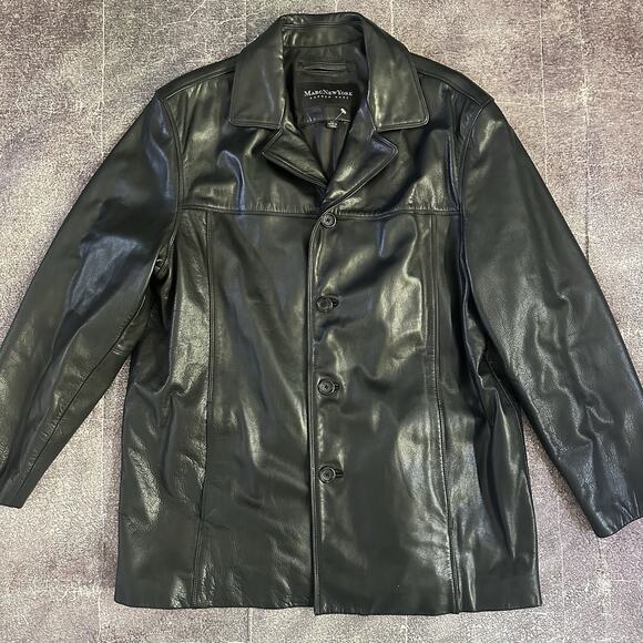 Men's Vintage Marc New York Black Leather Duster Parka Trench Coat Jacket Sz XL - Picture 1 of 5